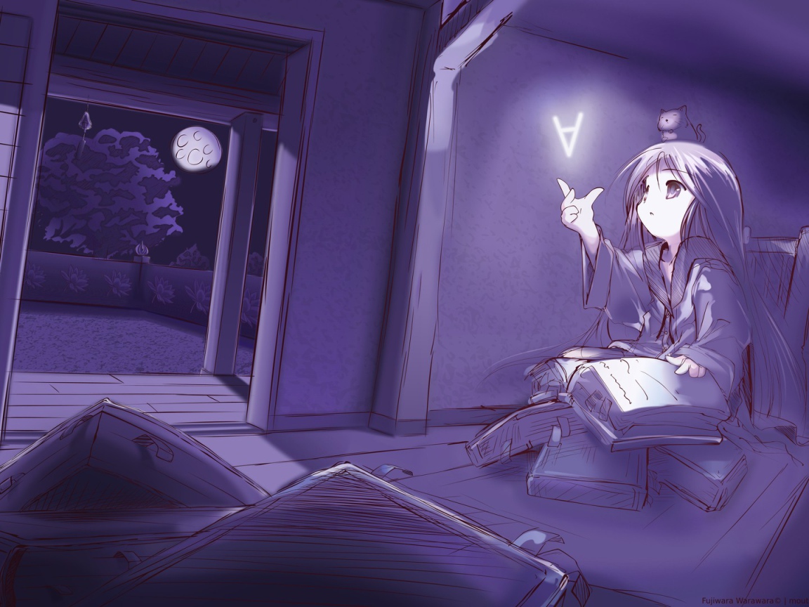 Девочка аниме ловит букву из книги