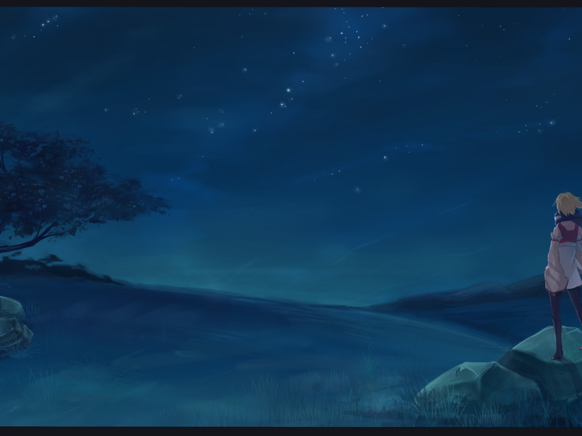 Девушка аниме смотрит на звезды в ночи