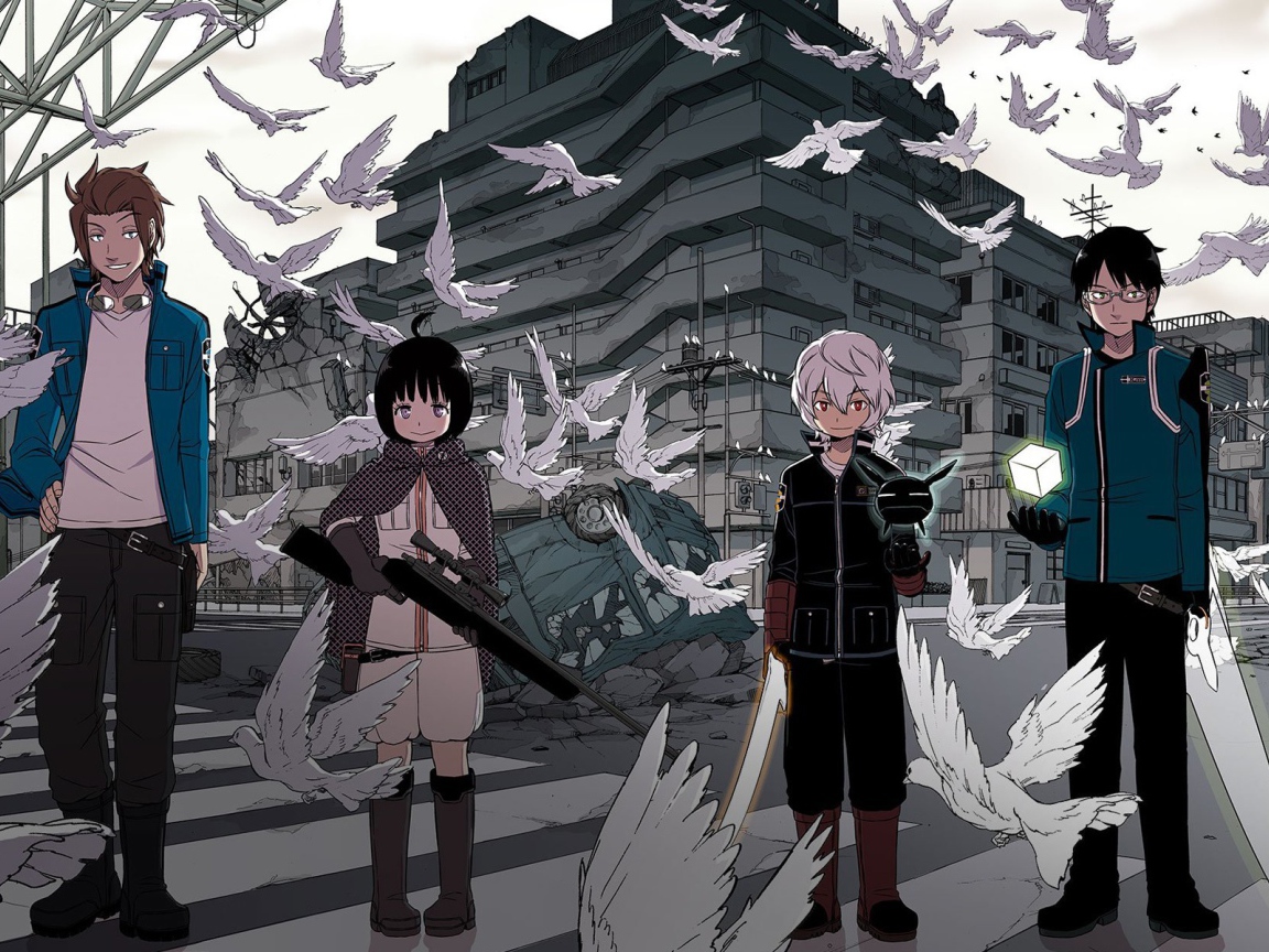 Аниме персонажи с оружием среди голубей