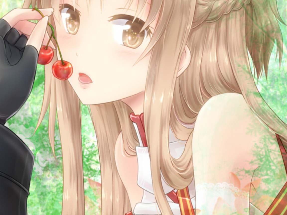 Аниме девушка Yuuki Asuna кушает вишни