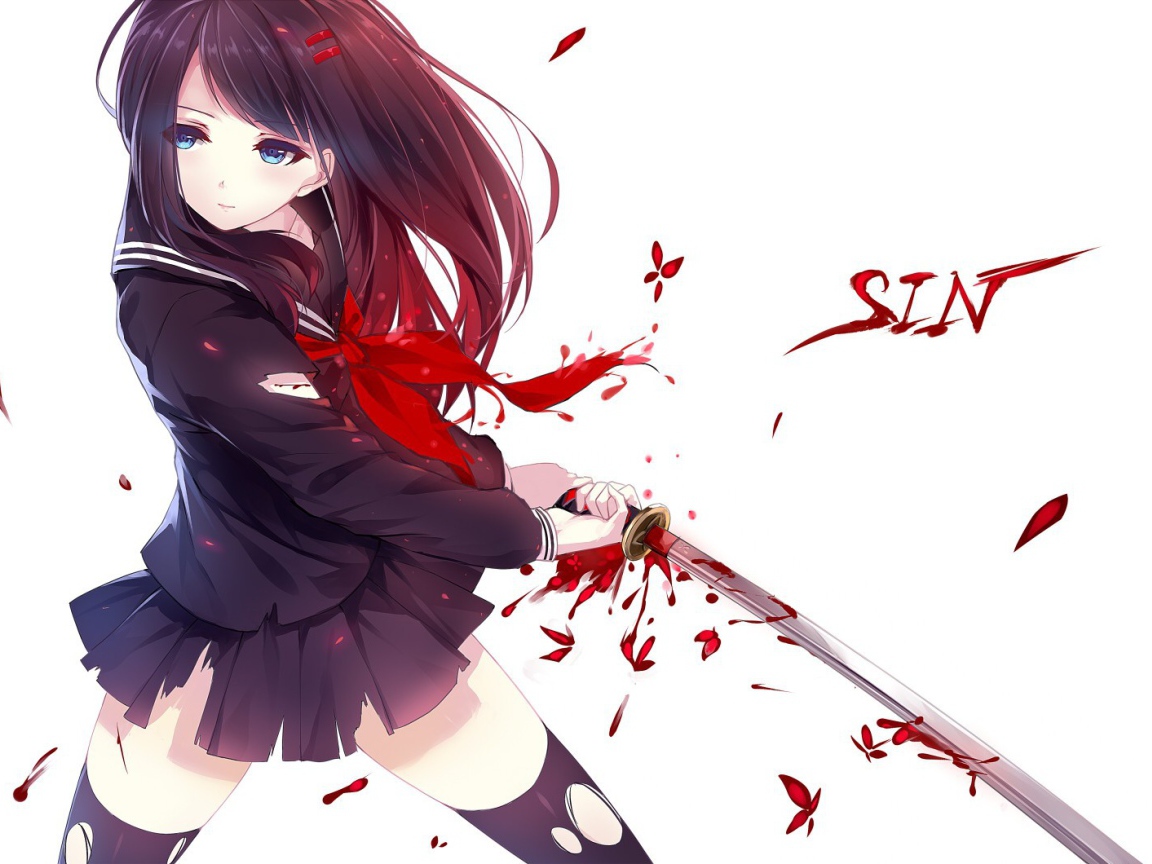 Девушка аниме держит катану с каплями крови