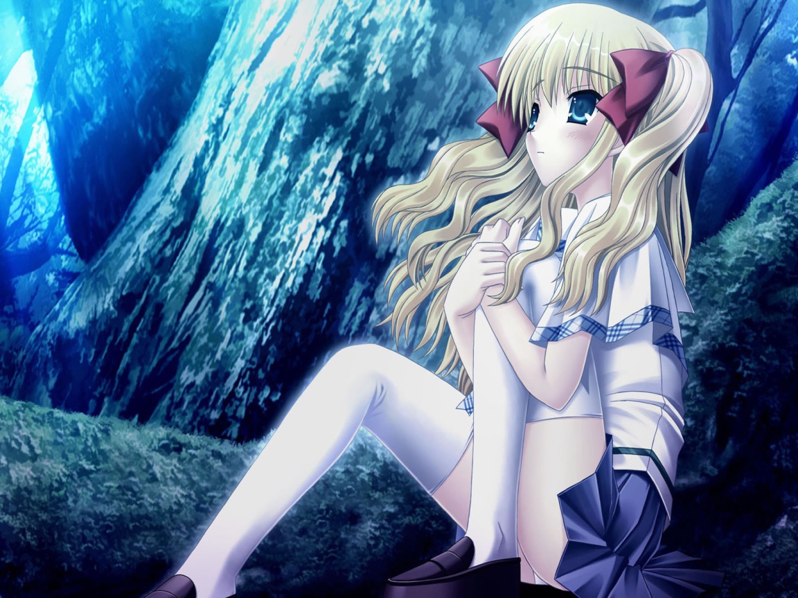 Аниме девушка в школьной форме в темном лесу