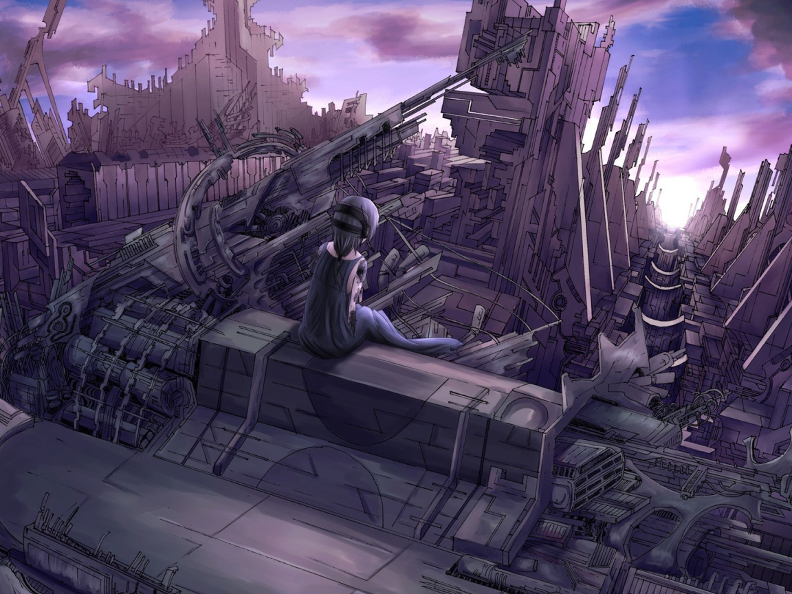 Девушка аниме смотрит на руины города