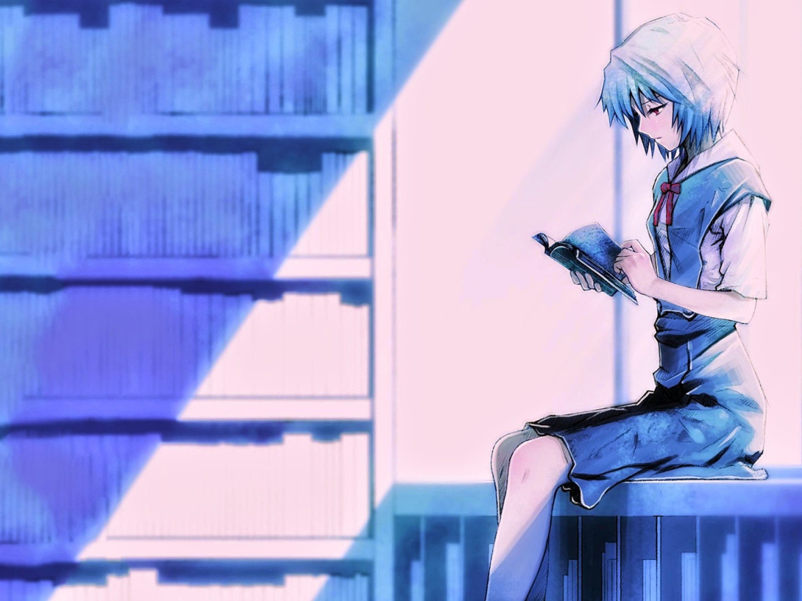 Девушка аниме Рей Аянами читает книгу