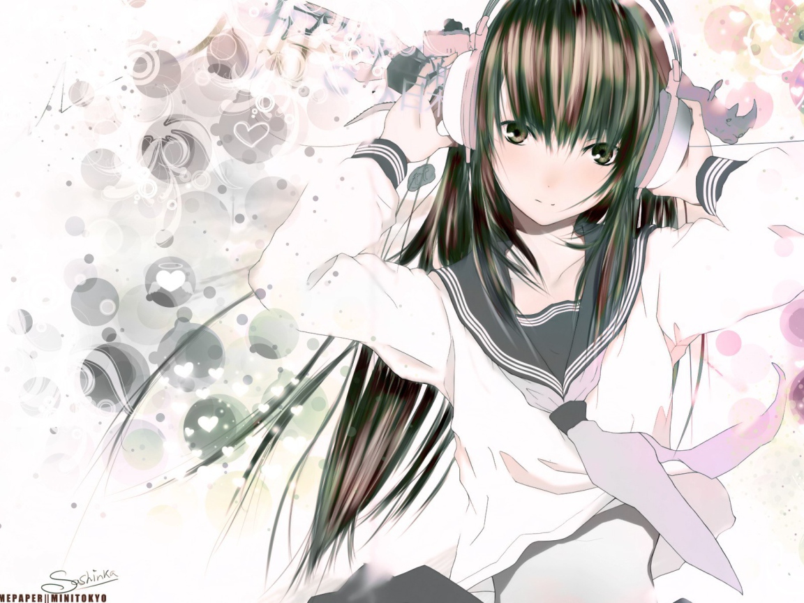 Аниме девушка в наушниках и школьной форме