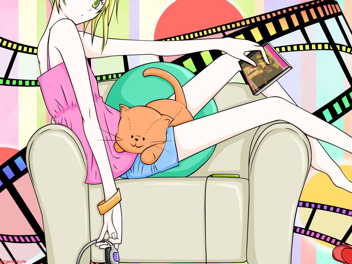 Девушка аниме с рыжим котом на коленях