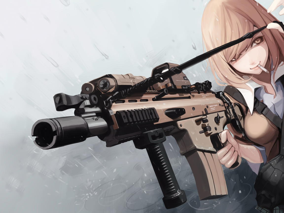 Автоматическая винтовка в руках девушки аниме
