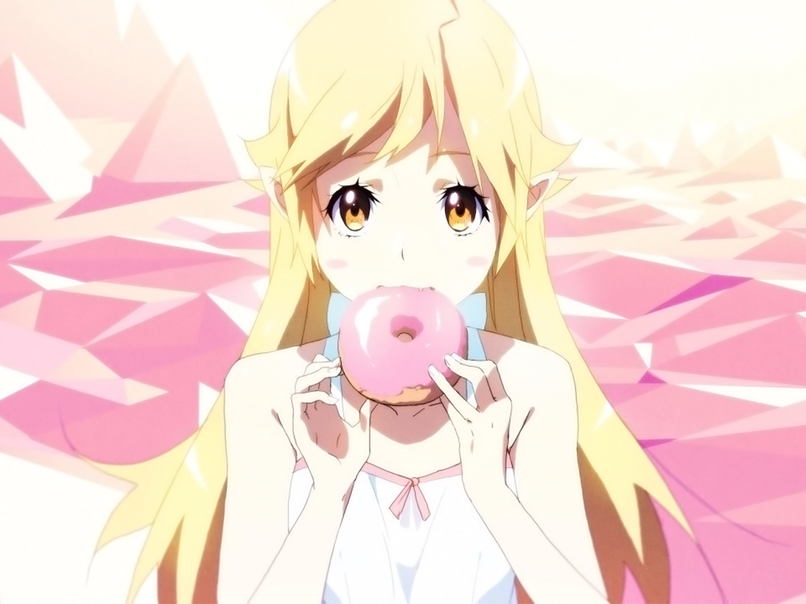 Светловолосая девушка аниме ест розовый пончик