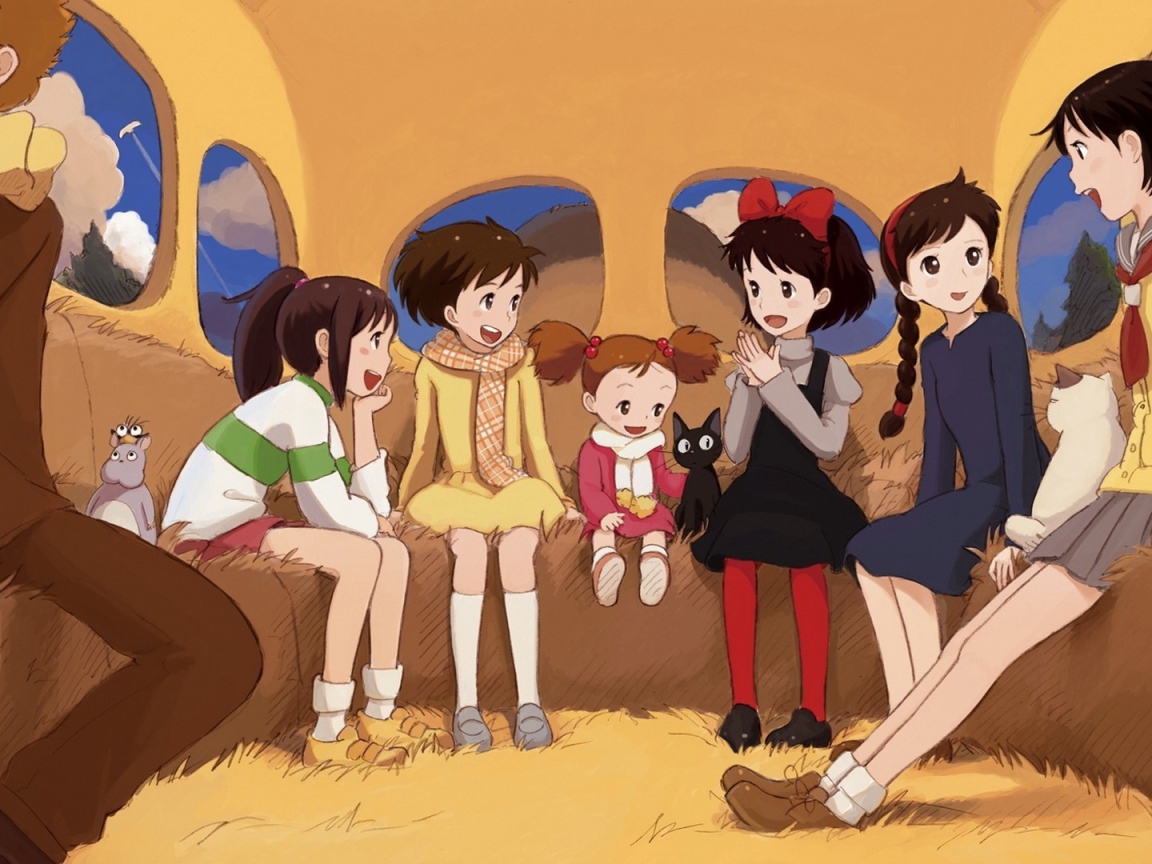 Дети в автобусе в аниме Ведьмина служба доставки