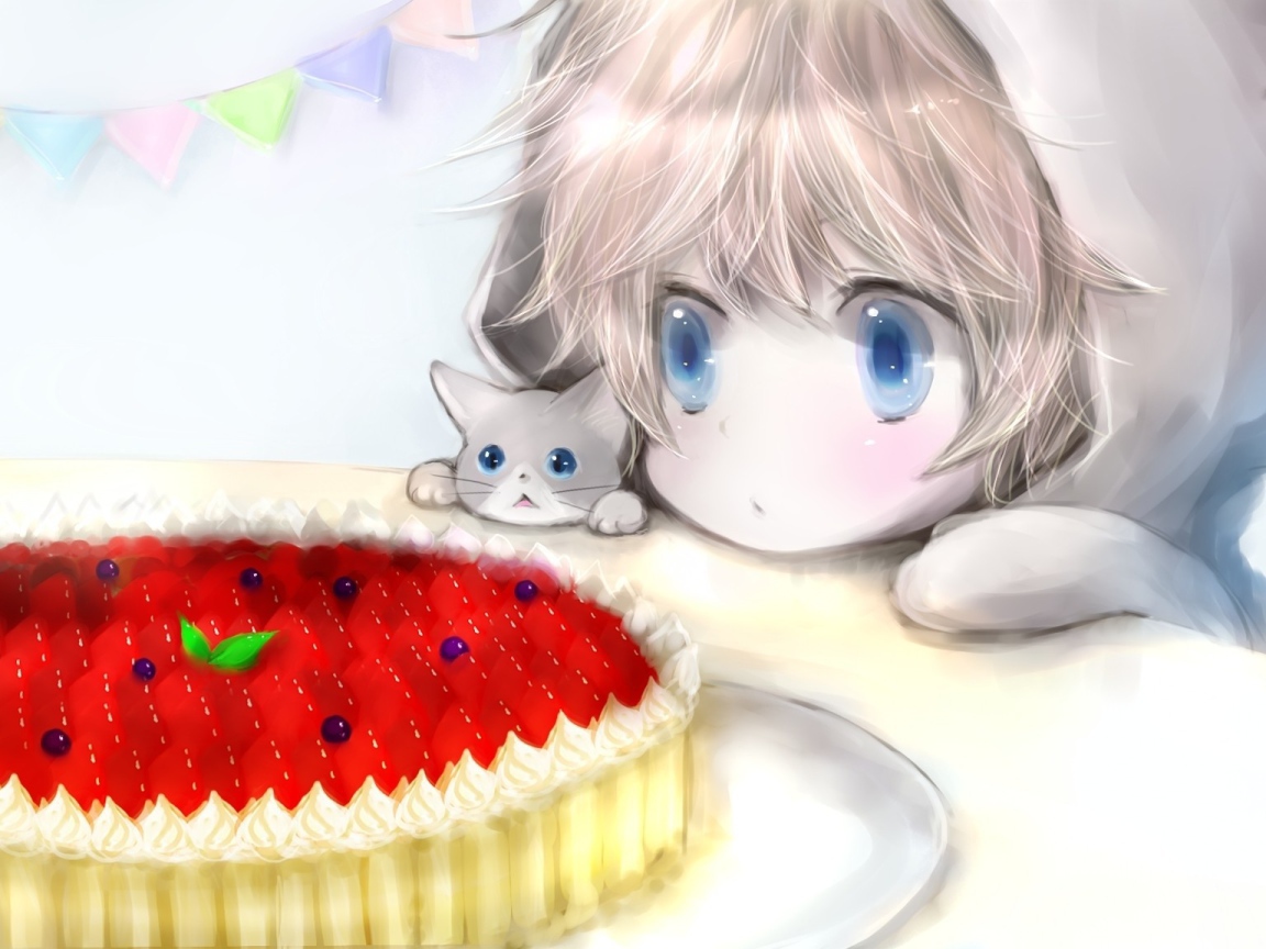 Девочка и кот смотрят на пирог, аниме