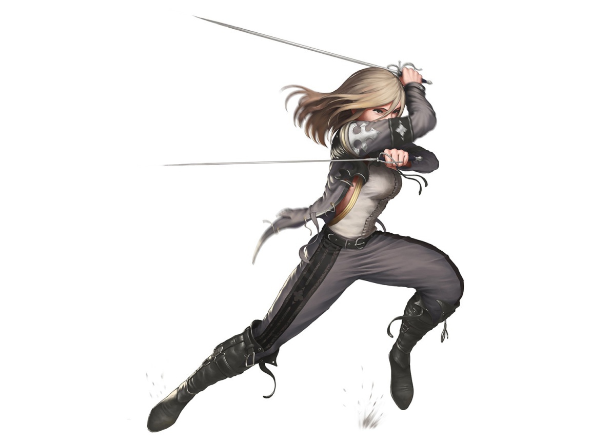 Девушка фехтует рапирами на белом фоне, аниме