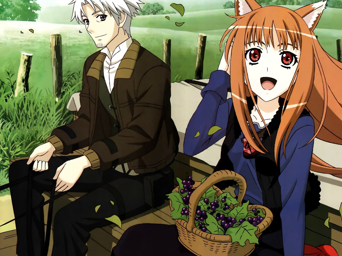 Влюбленная пара сидит на скамье в аниме Волчица и пряности