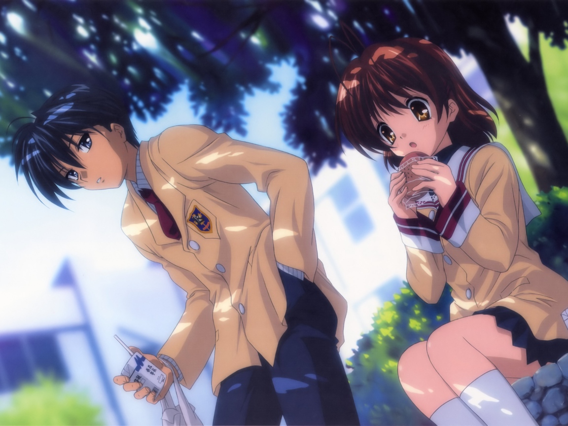 Парень и девушка под деревом в аниме Кланнад