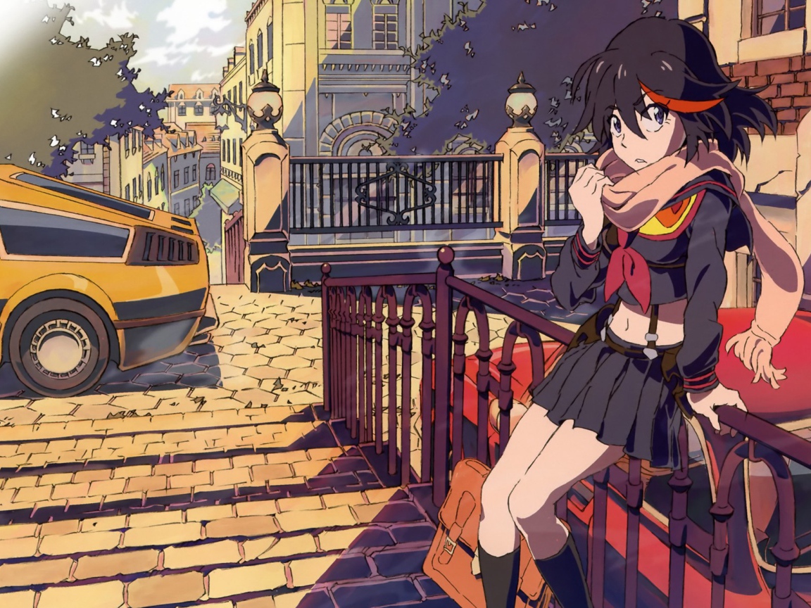 Девушка Матои сидит на заборе, аниме