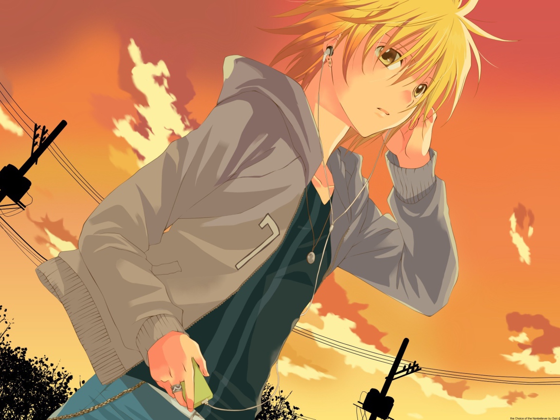 Рыжая девушка аниме на фоне неба