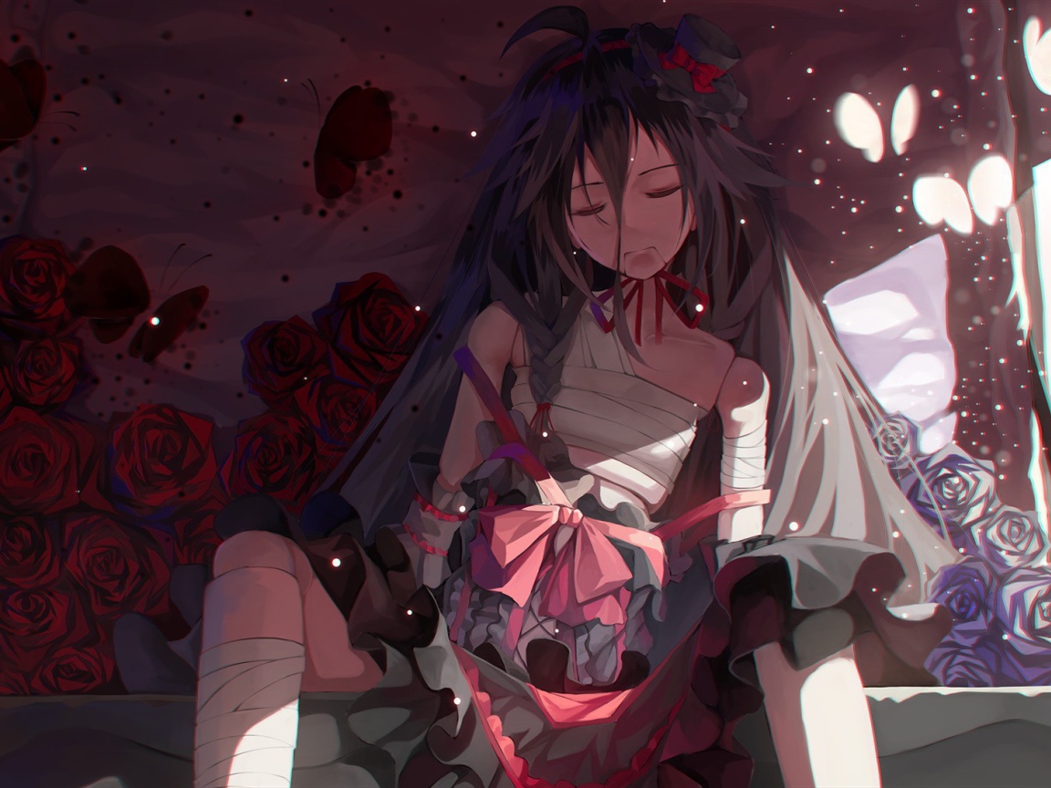 Грустный вокалоид среди роз