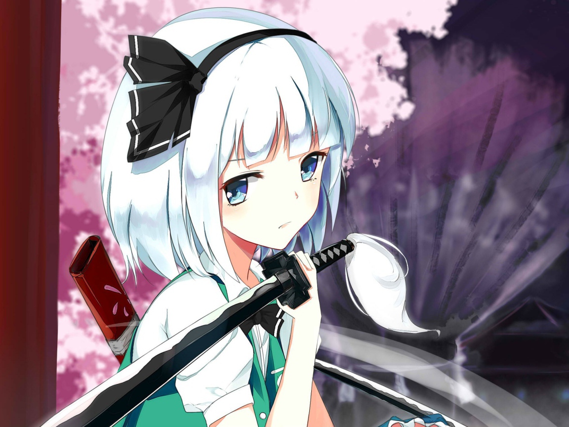 Грустная аниме девушка Konpaku Youmu с мечом на плече