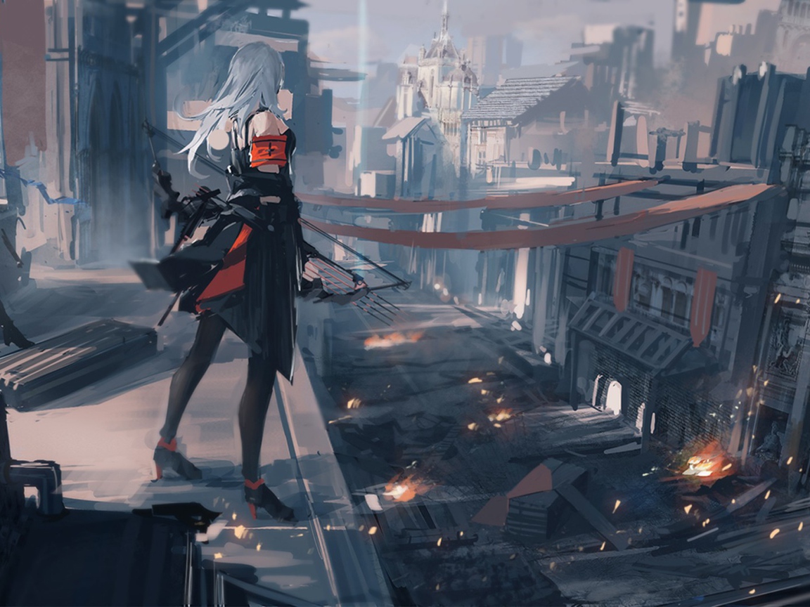 Девушка смотрит на город с высоты, аниме Pixiv Fantasia T