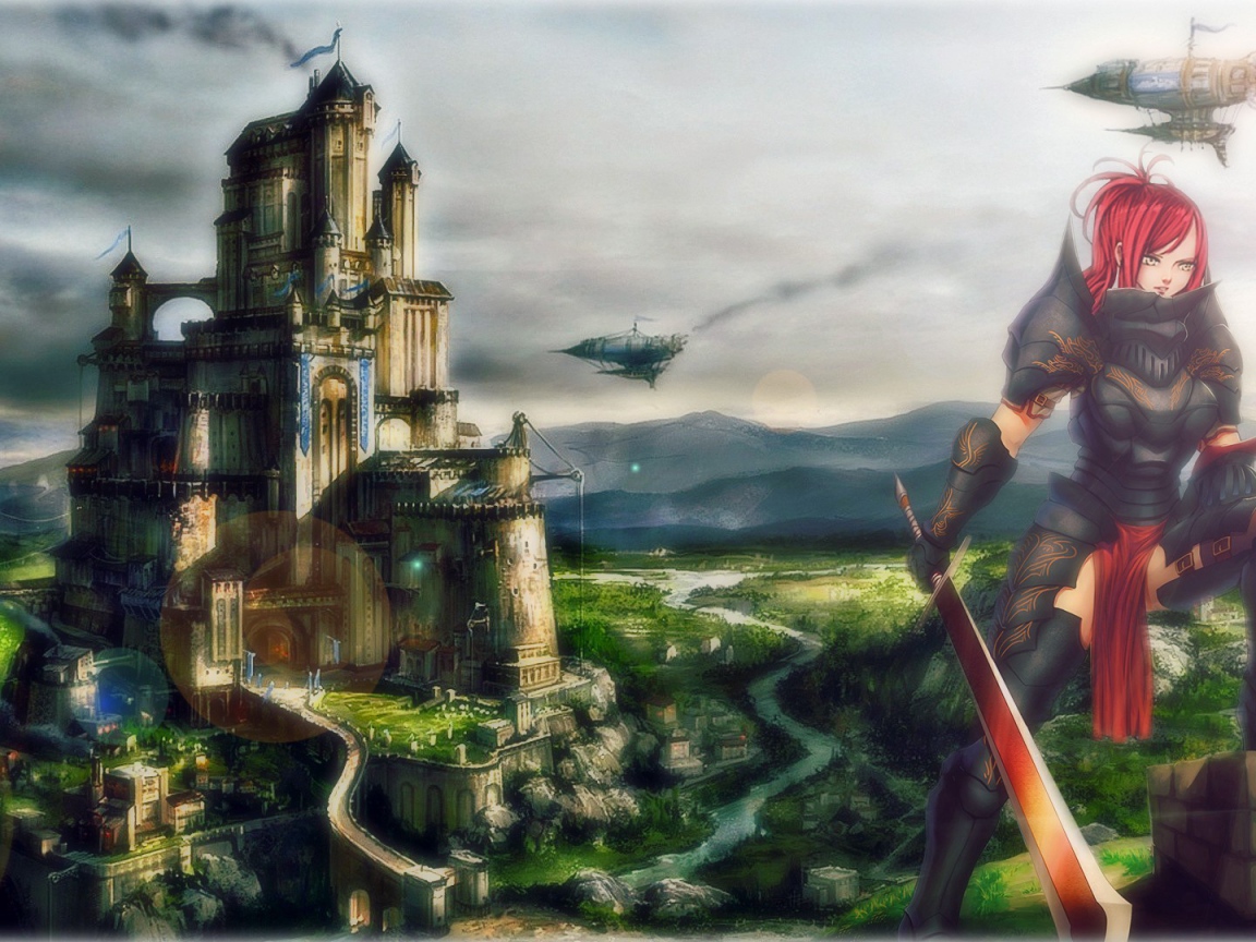 Девушка на фоне замка в аниме Сказка о хвосте феи