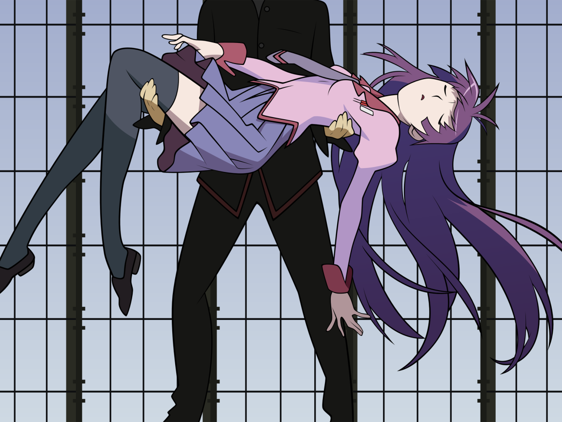 Парень держит девушку на руках в аниме Monogatari Series