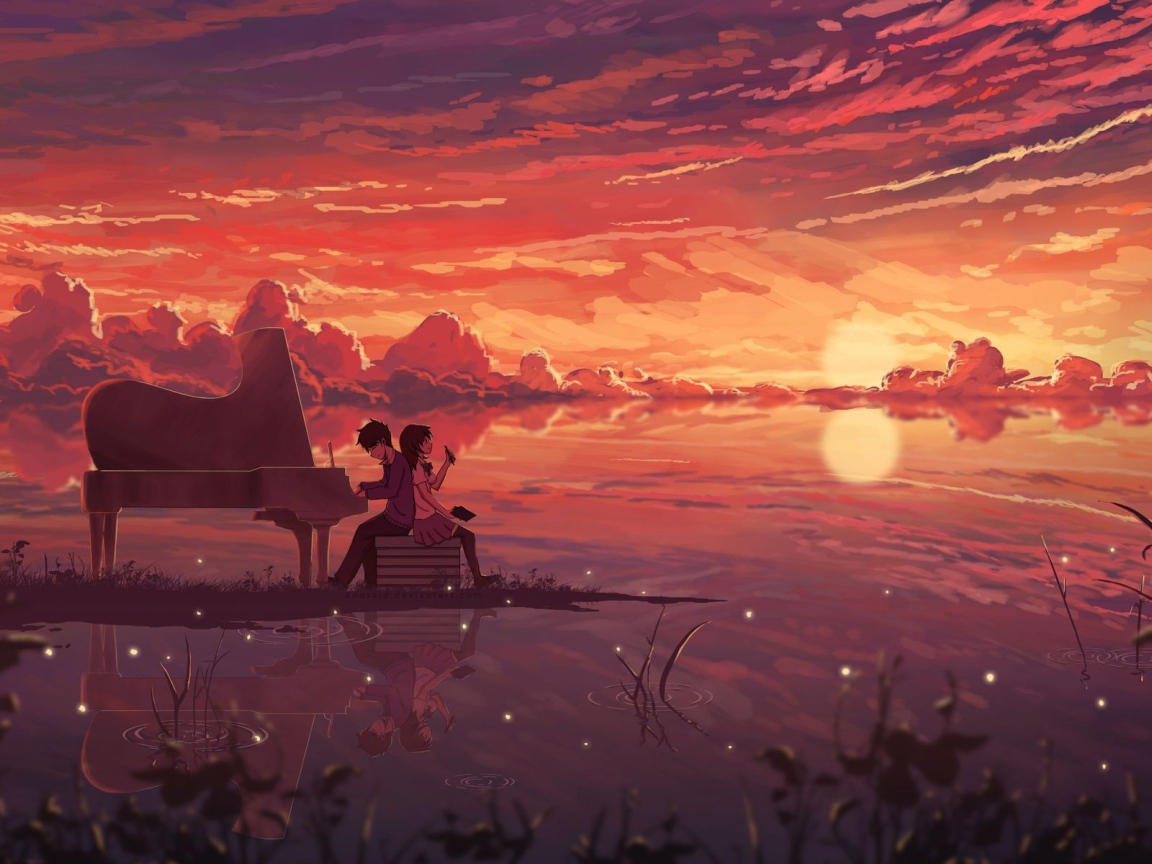 Парень играет на рояле для девушки, аниме