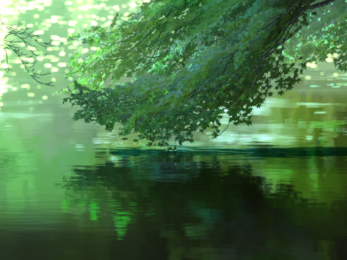 Дерево над водой в аниме Сад изящных слов