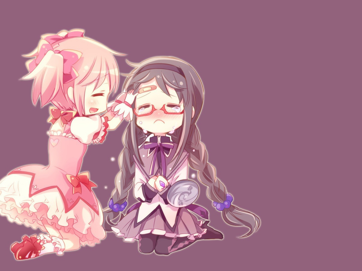 Две девочки на фиолетовом фоне, аниме Девочка-волшебница Мадока