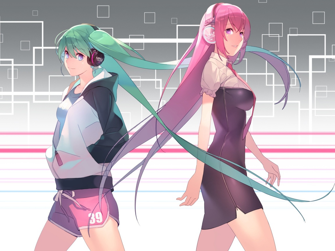 Вокалоиды с зелеными и розовыми волосами, аниме