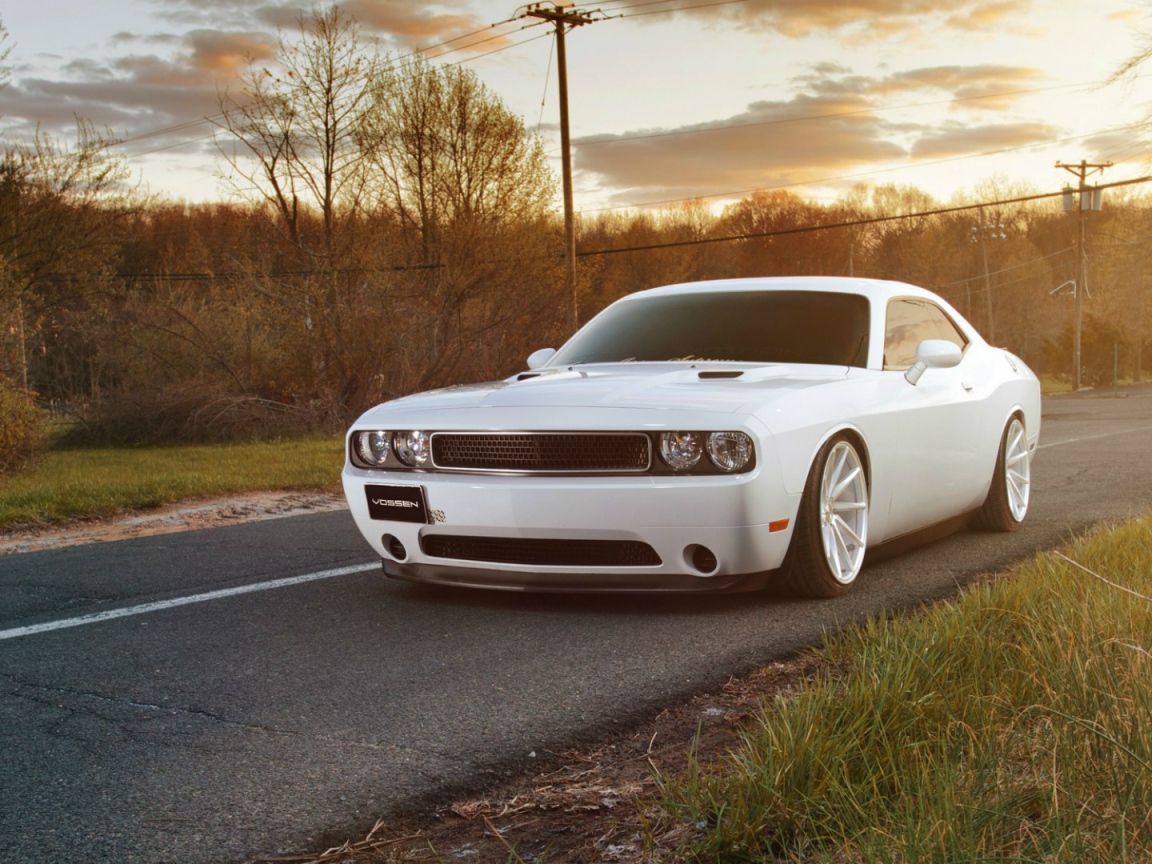 Белый Dodge Challenger на дороге