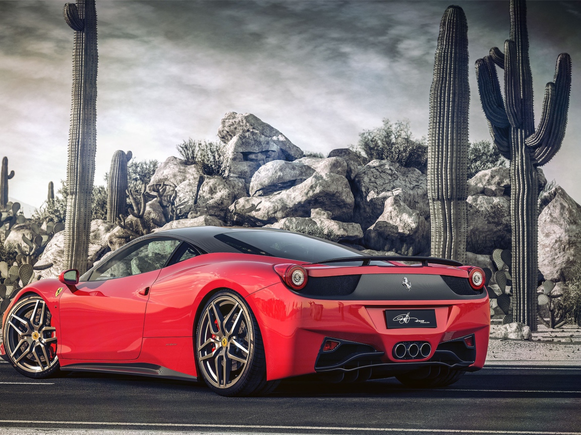 Красный Ferrari у горы из камней