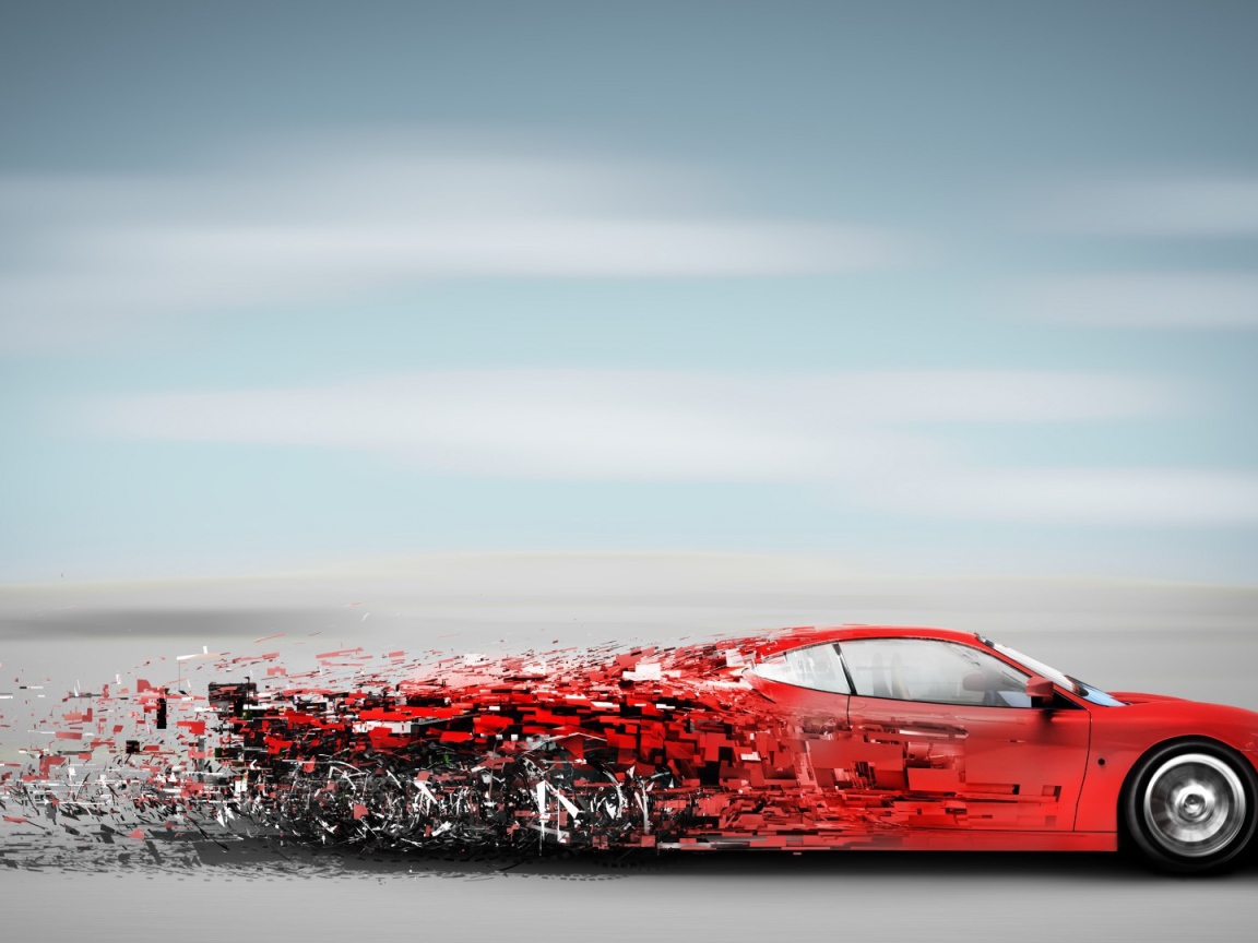 Красный Феррари распадается на части в движении