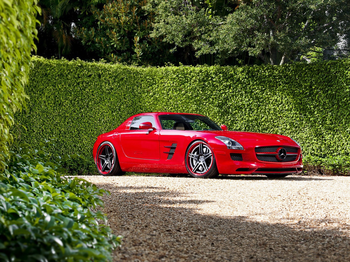 Красный Mercedes у забора из зелени