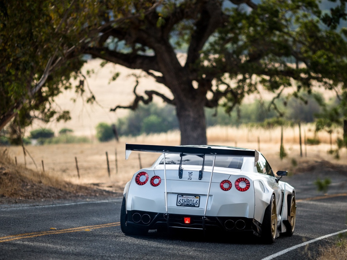 Белый Nissan GT-R на загородном шоссе