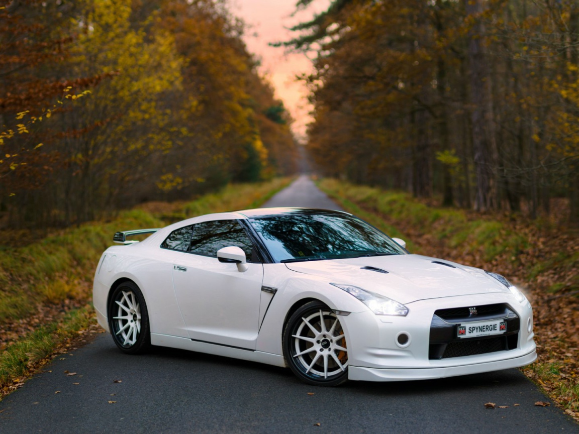 Белый Nissan GT-R на дороге в лесу