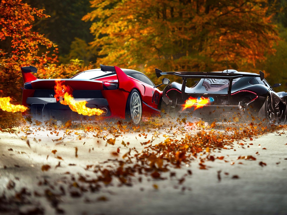 Гонка на осенней аллее Ferrari FXXK и McLaren P1