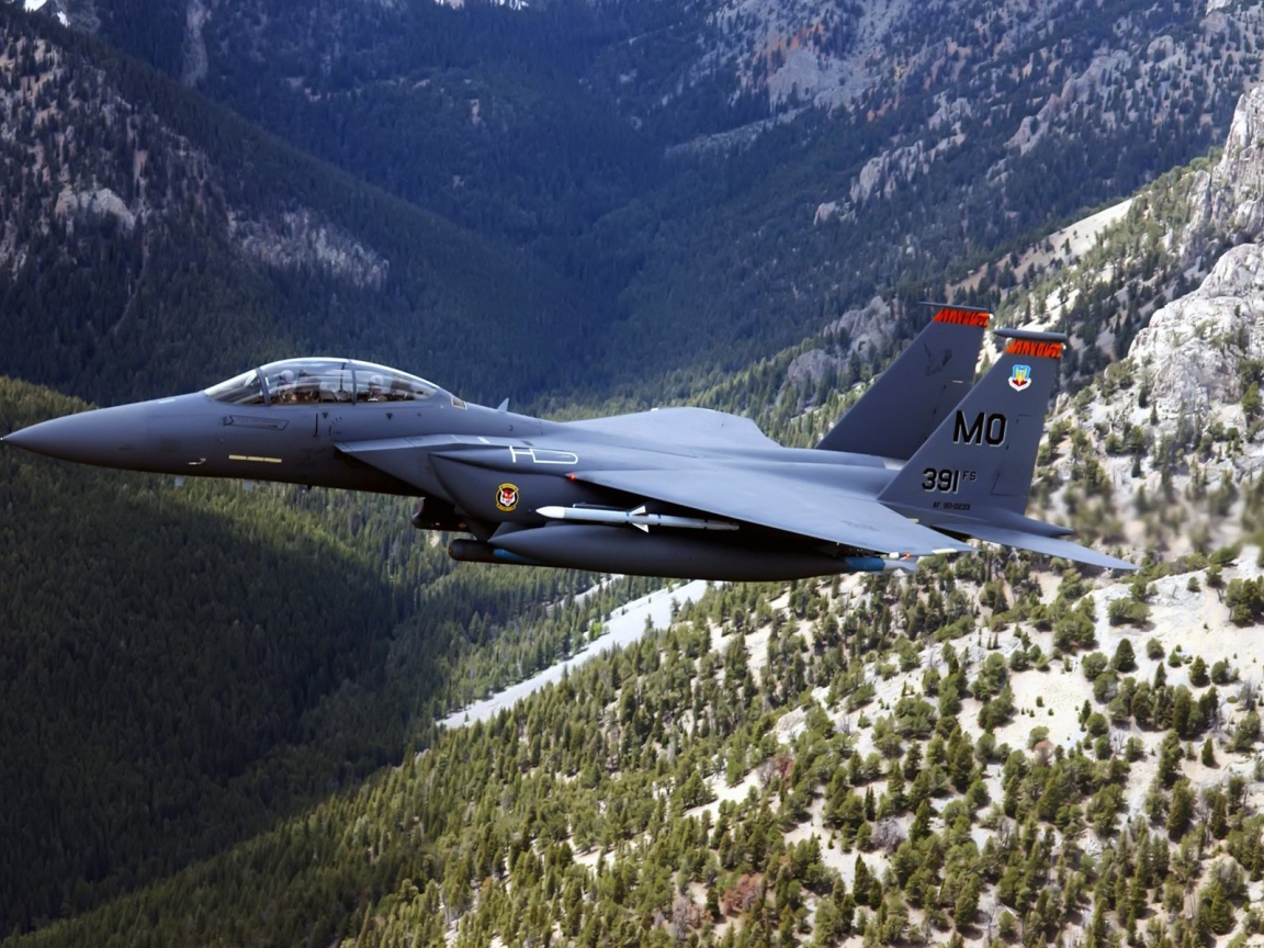 Истребитель F-15 Eagle над горным лесом