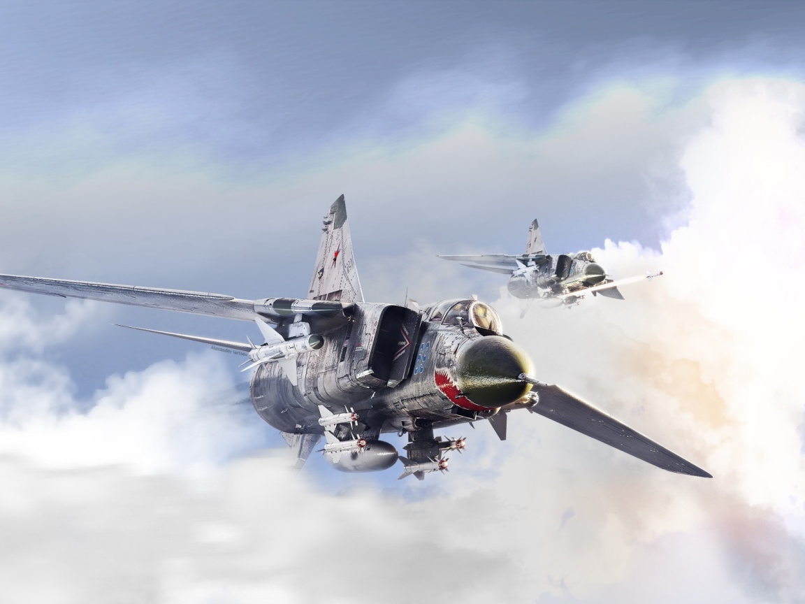 Два истребителя Миг-23 в облаках