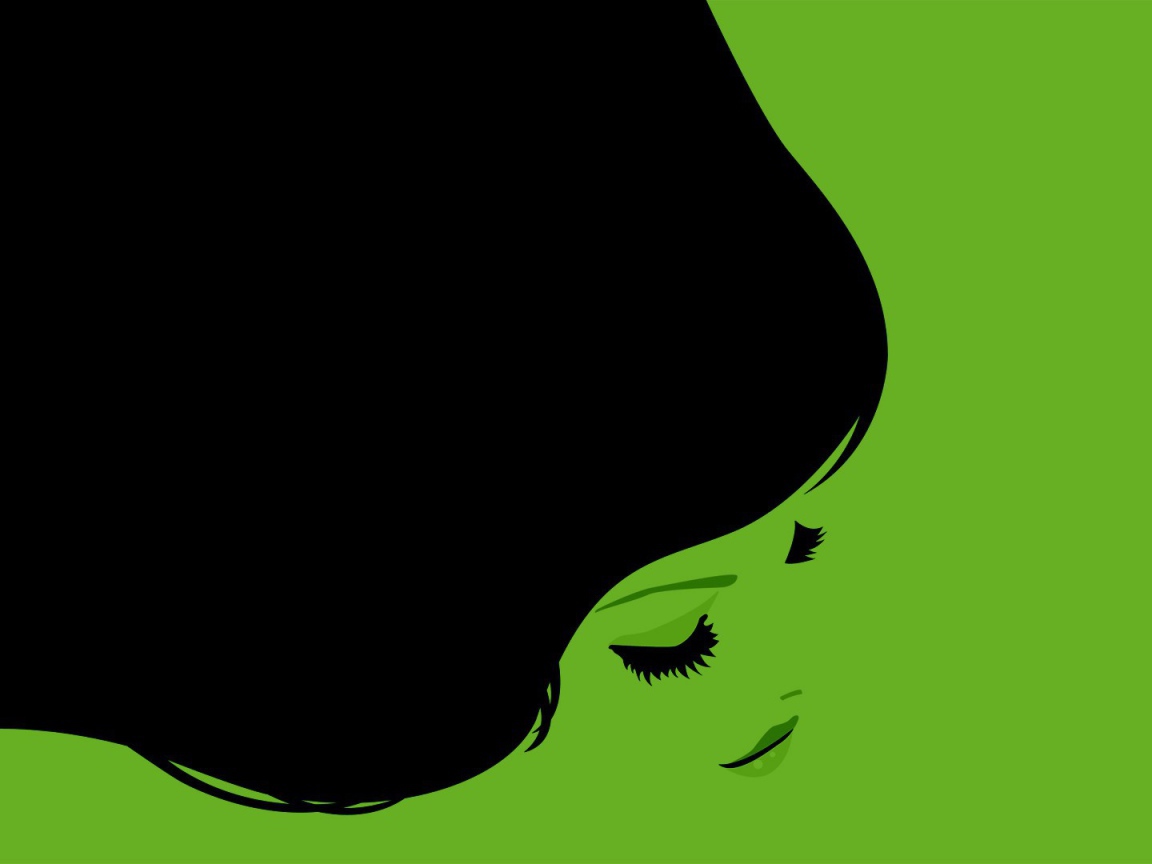 Черные волосы девушки, зеленый фон