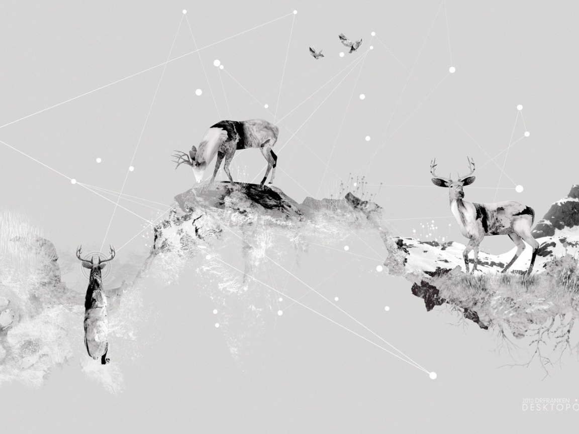 Олени в горах, серый фон