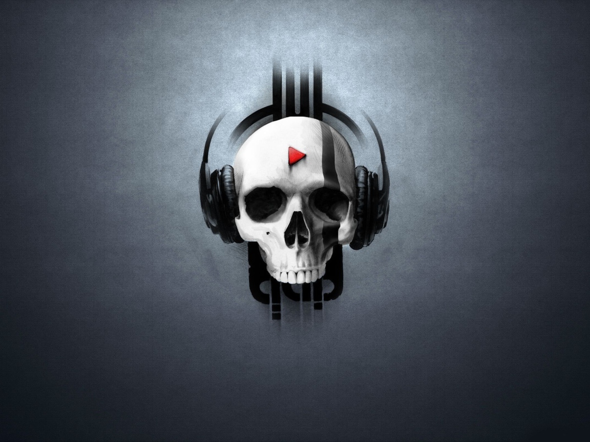 Череп в наушниках, серый фон