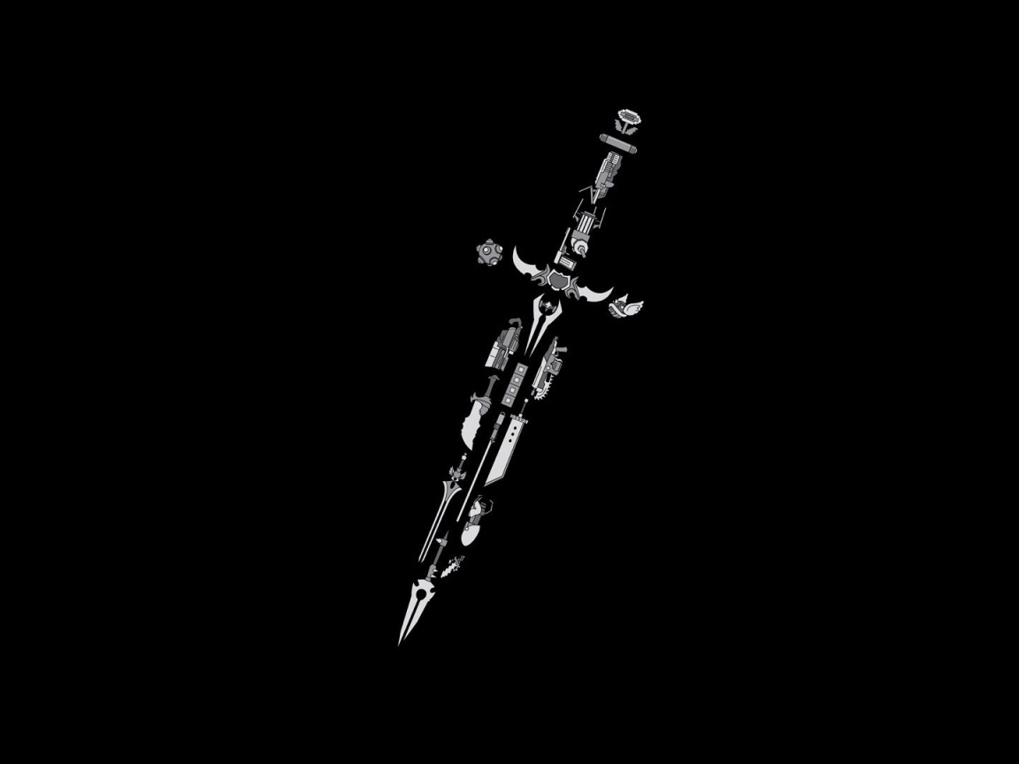 Меч из элементов разных игр, черный фон