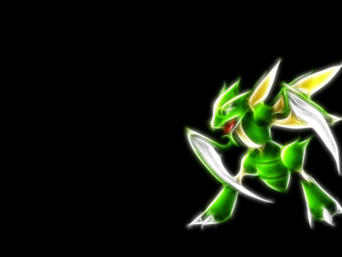 Зеленый покемон Фракталиус на черном фоне