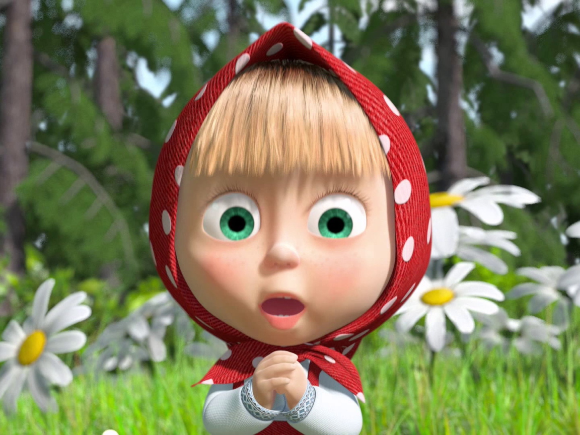 Маша на фоне ромашек, мультфильм Маша и медведь