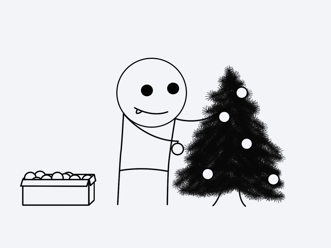 Нарисованный человек украшает елку