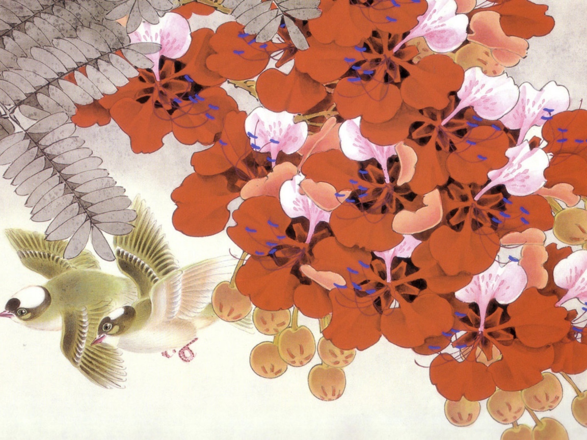 Птицы среди красных цветов, японская живопись