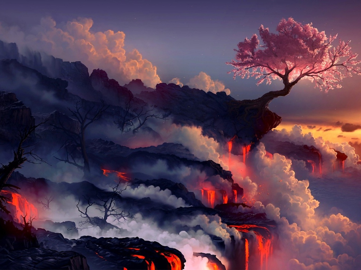 Цветущая вишня над потоками лавы