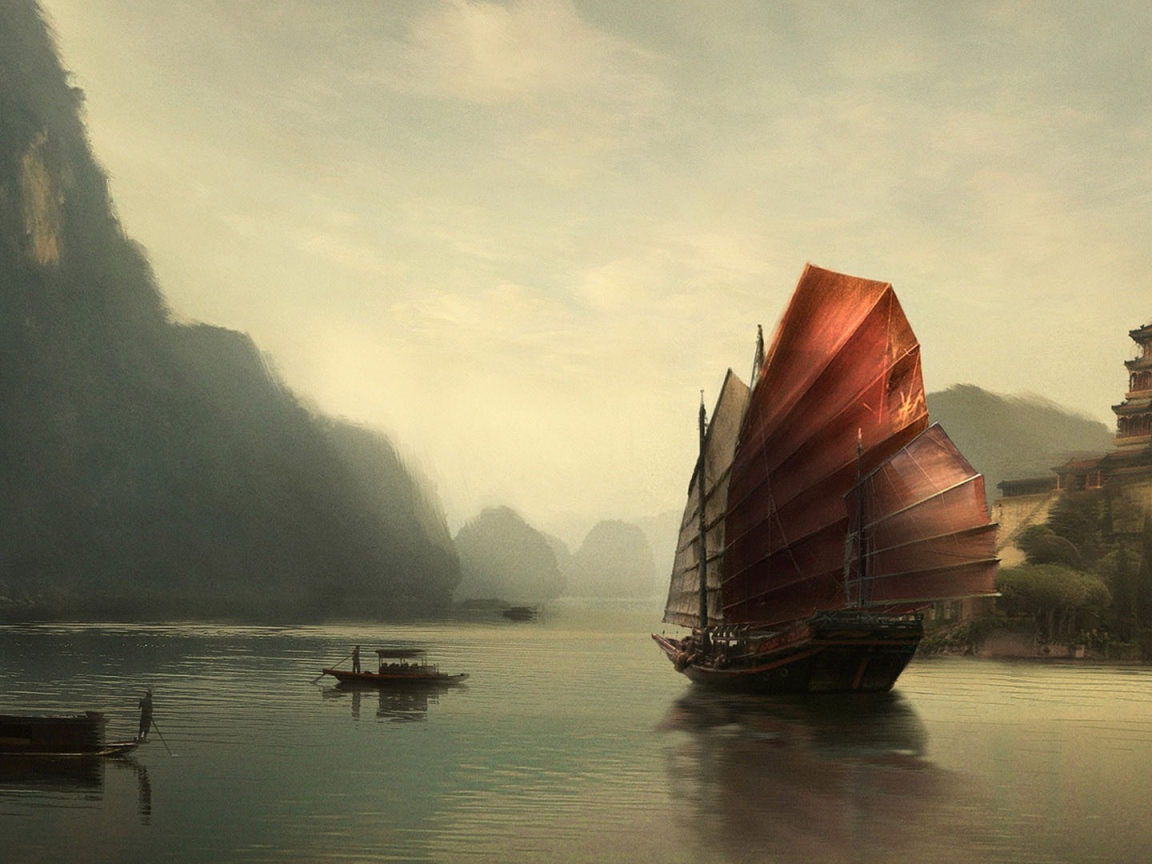 Китайская джонка на озере