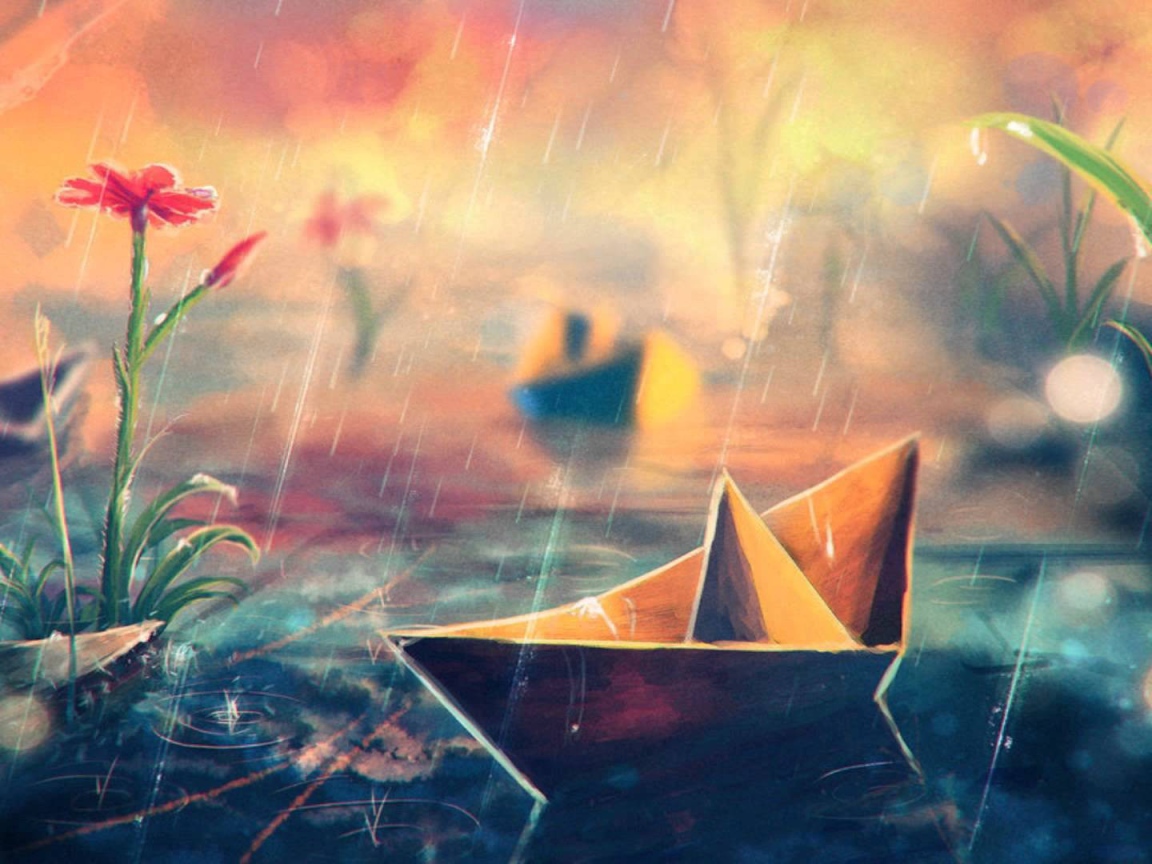 Бумажный кораблик под дождем, рисунок