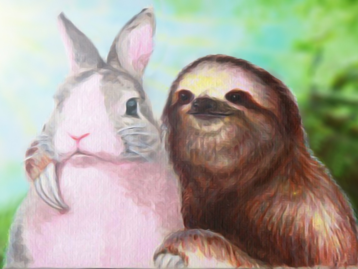 Ленивец обнимает кролика