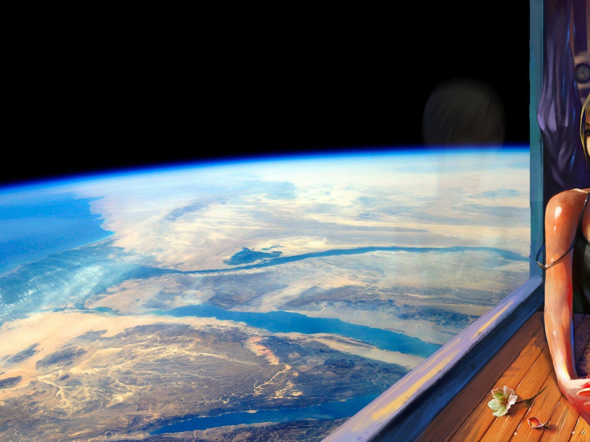 Девушка блондинка смотрит в окно на Землю